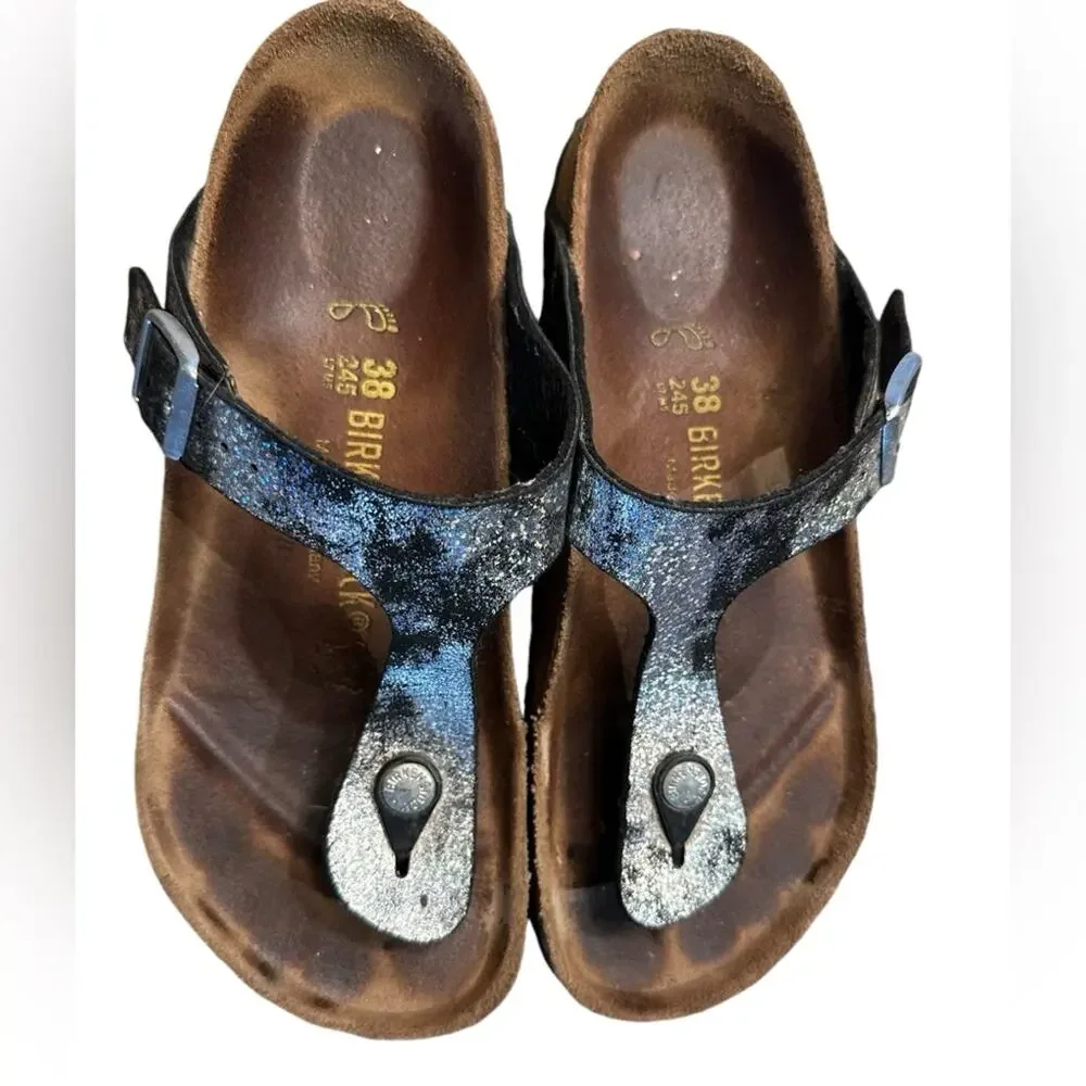 Birkenstock Women’s 38 (7) Black and Silver Thong Style Sandals